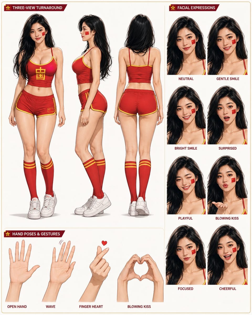 女主角三视图角色卡片 - 多表情与手部特写