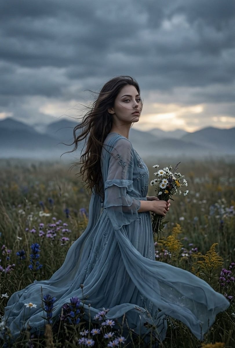 Netflix级黑暗幻想人像：暴风雨草甸中的忧郁少女