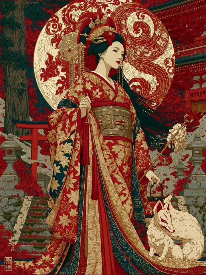浮世绘·红金和服女子与九尾狐｜日式奇幻插画
