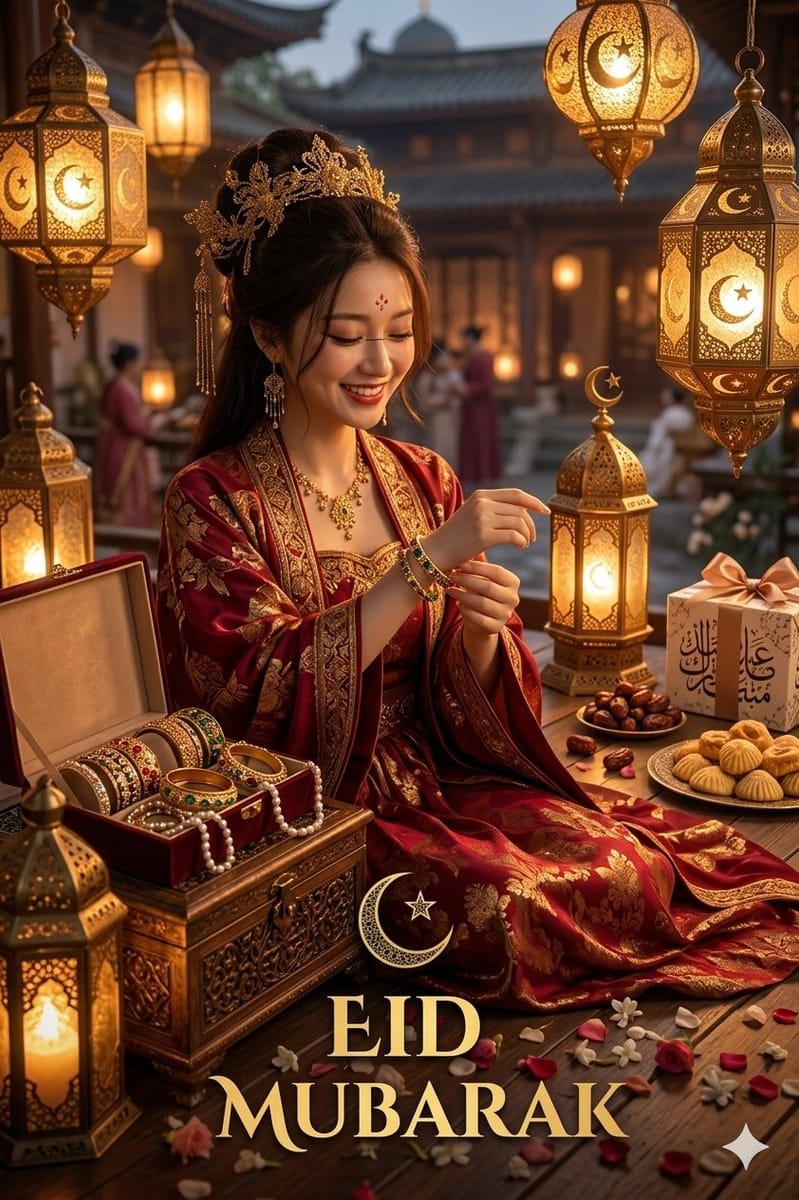 红金丝绸开斋节：东亚女性华丽庆典人像