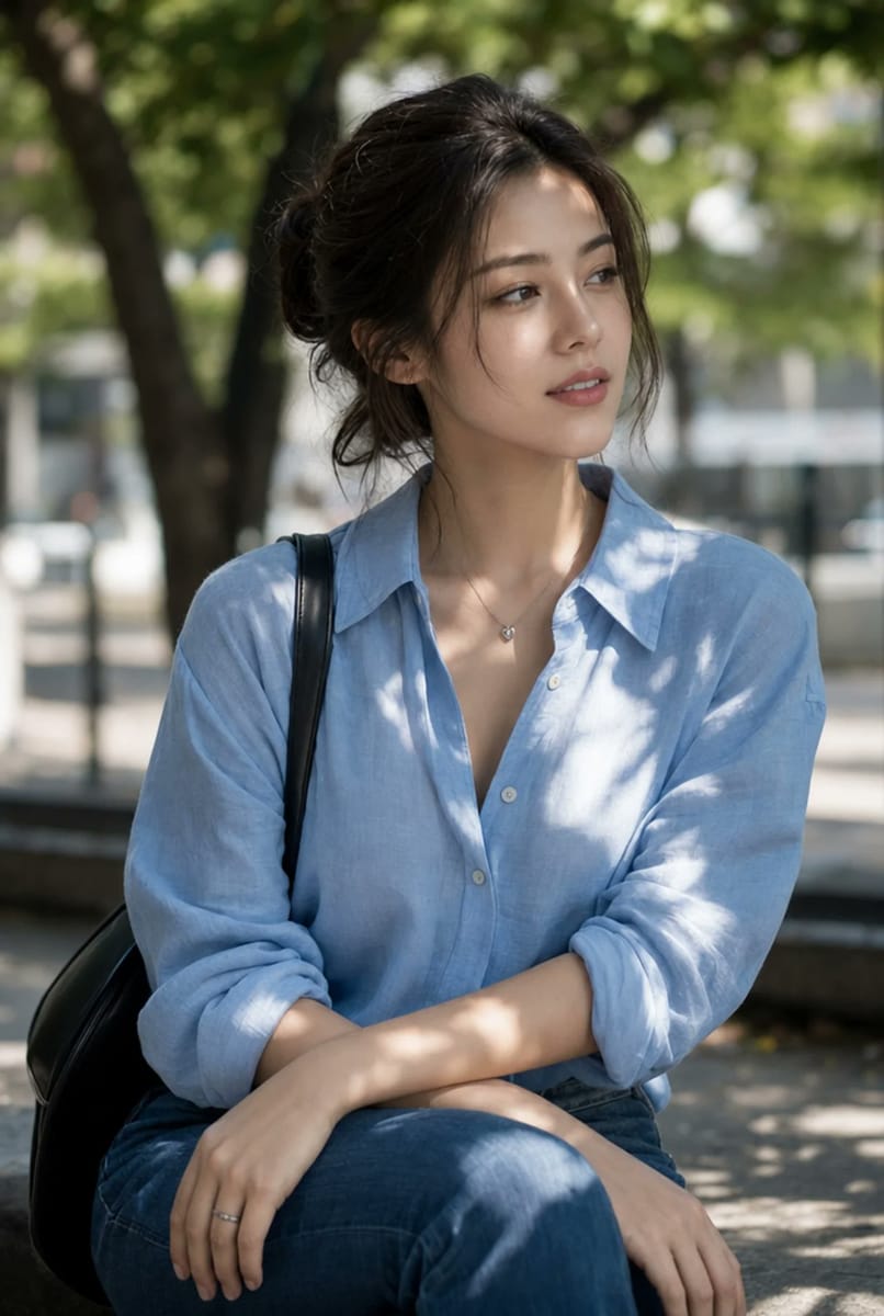 公园阳光人像：亚裔女性写实摄影提示词