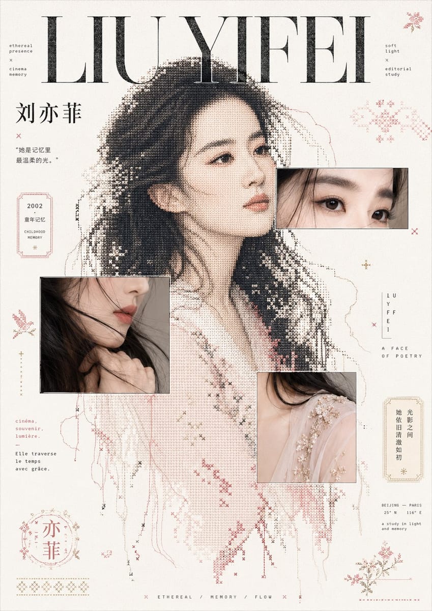 刘亦菲像素刺绣杂志感拼贴｜AI艺术人像