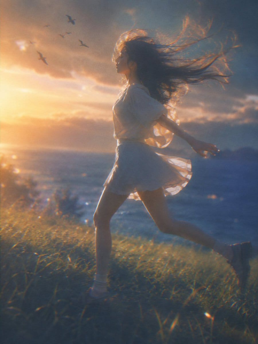 日系梦幻诗意·夕阳逆光半写实插画