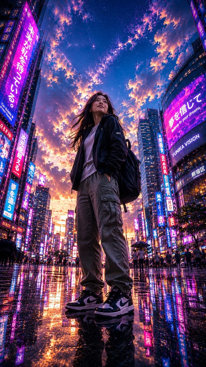 赛博朋克·雨后都市·菲律宾少女仰拍AI提示词