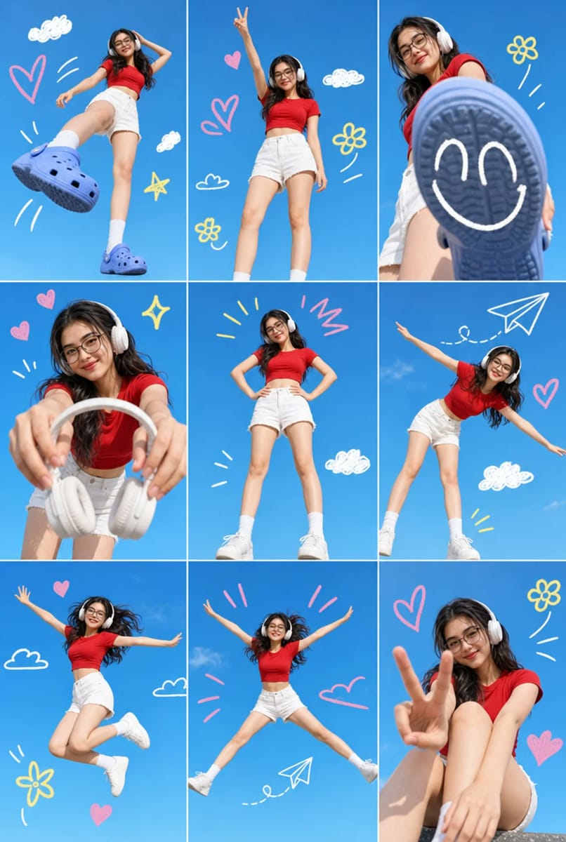 九宫格蓝天涂鸦写真 | 亚洲少女活力穿搭摄影