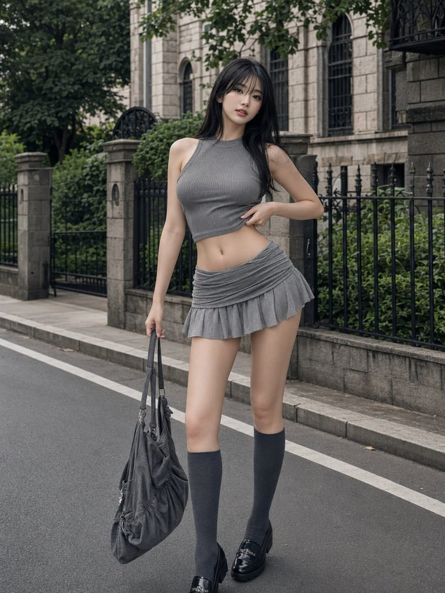 韩系街拍人像｜灰色露脐装时尚写真