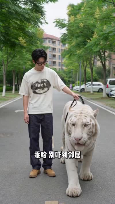 反差萌！老虎被茶杯犬吓跑的小品视频创作提示